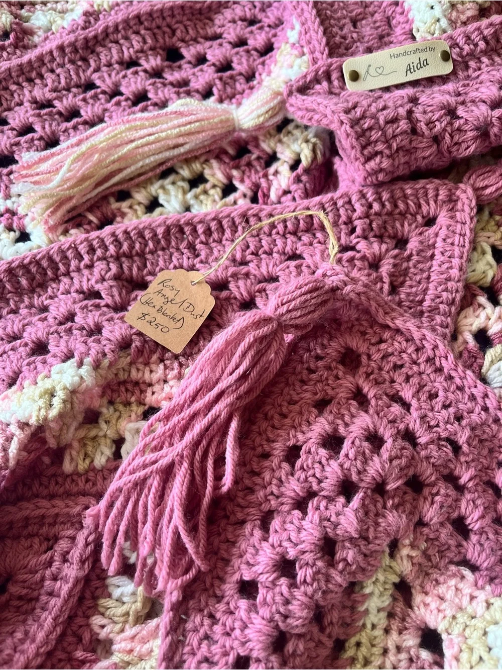 NWT Handcrafted Artisan Oversized Crochet Hexagon Afghan Blanket 86” dusty rose
